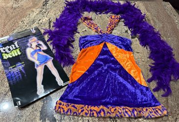 Real Deal JONES MOMMA Costume Psychedelics, Spotted, Faux, Fur, Crushed Velvet Dress & A Purple Feather Boa Size One Size Fits Most