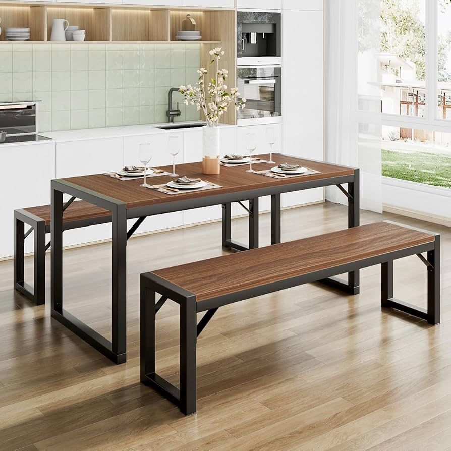 Kitchen Dining Table Set for 4 with Benches, Rustic Small Space Saving Dinette, Heavy Duty Metal Frame