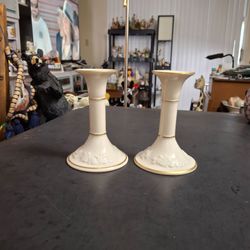 Lenox 1989 " Fruits Of Life " Fine Ivory Porcelain Pair Of Candlesticks W/24K Gold Trim 5.5" Tall - SEE DESCRIPTION