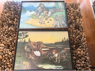 Pair of vintage 1971 Rolf Lidberg framed troll poster, Swedish folklore art