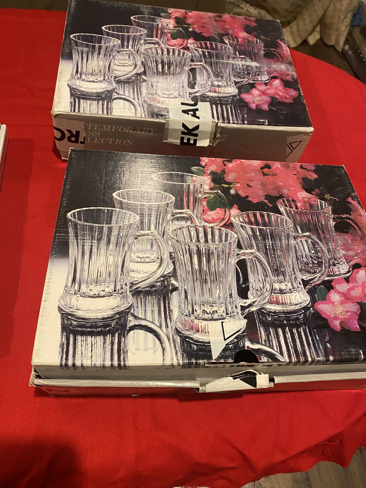 Open Box, New Unused, Clear Pressed Glass Tea Glasses With The Red Design, Small Mug Six Pieces Diamond Fire