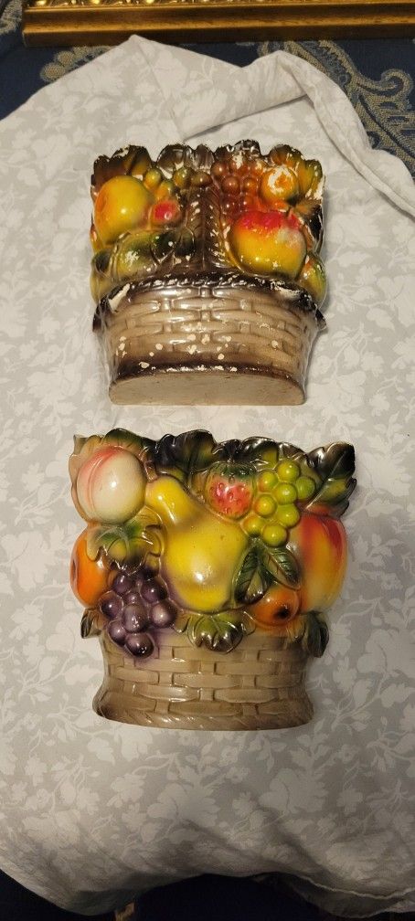 Set of 2 * Vintage WALES JAPAN Fruit Basket Ceramic Wall Pockets