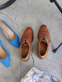 Men's Leather Oxford Shoes and Ladies Blue Suede Stillettos