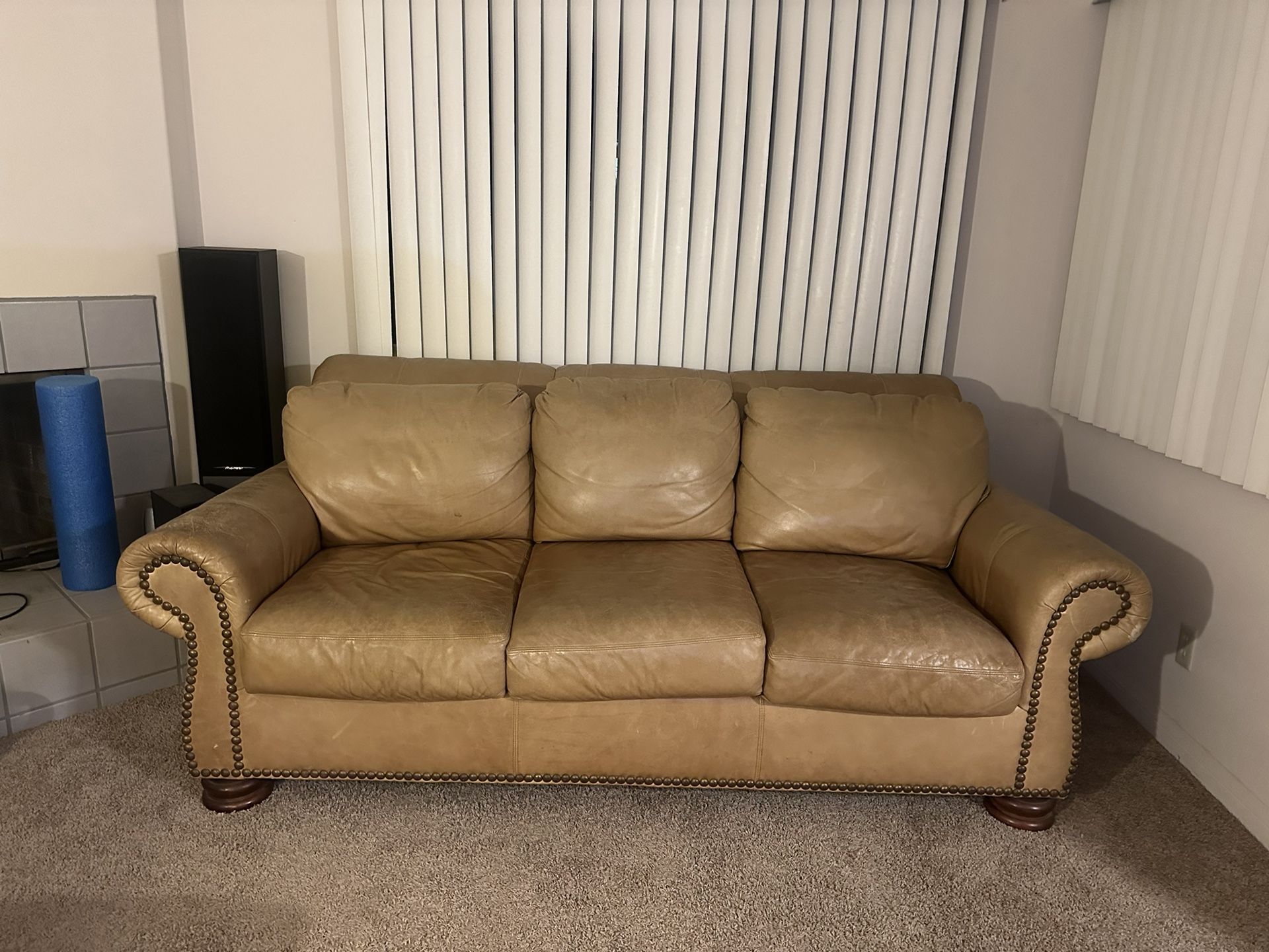 Tan Leather Couch & Armchair With Ottoman