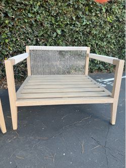 TWO OUTDOOR ACACIA LOUNGE CHAIRS $200