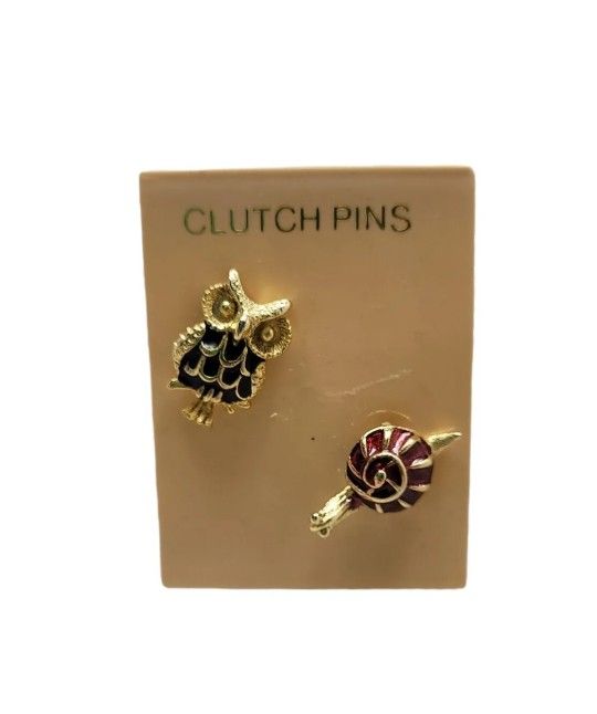 Pins Set of 2 - Black Owl Gold tone & Red Snail Gold Tone Pins - Mini Pins New