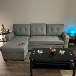 83.5"W Gray Vegan Leather Modern Reversible Sleeper Sectional Sofa with Storage Chaise