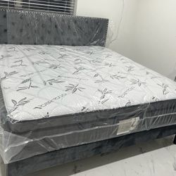 NEW BED FRAME KING SIZE WITH MATTRESS AND BOX SPRING 