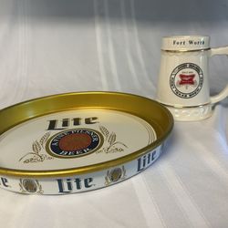 Miller Lite Beer Metal Tray & Miller High Life Stein