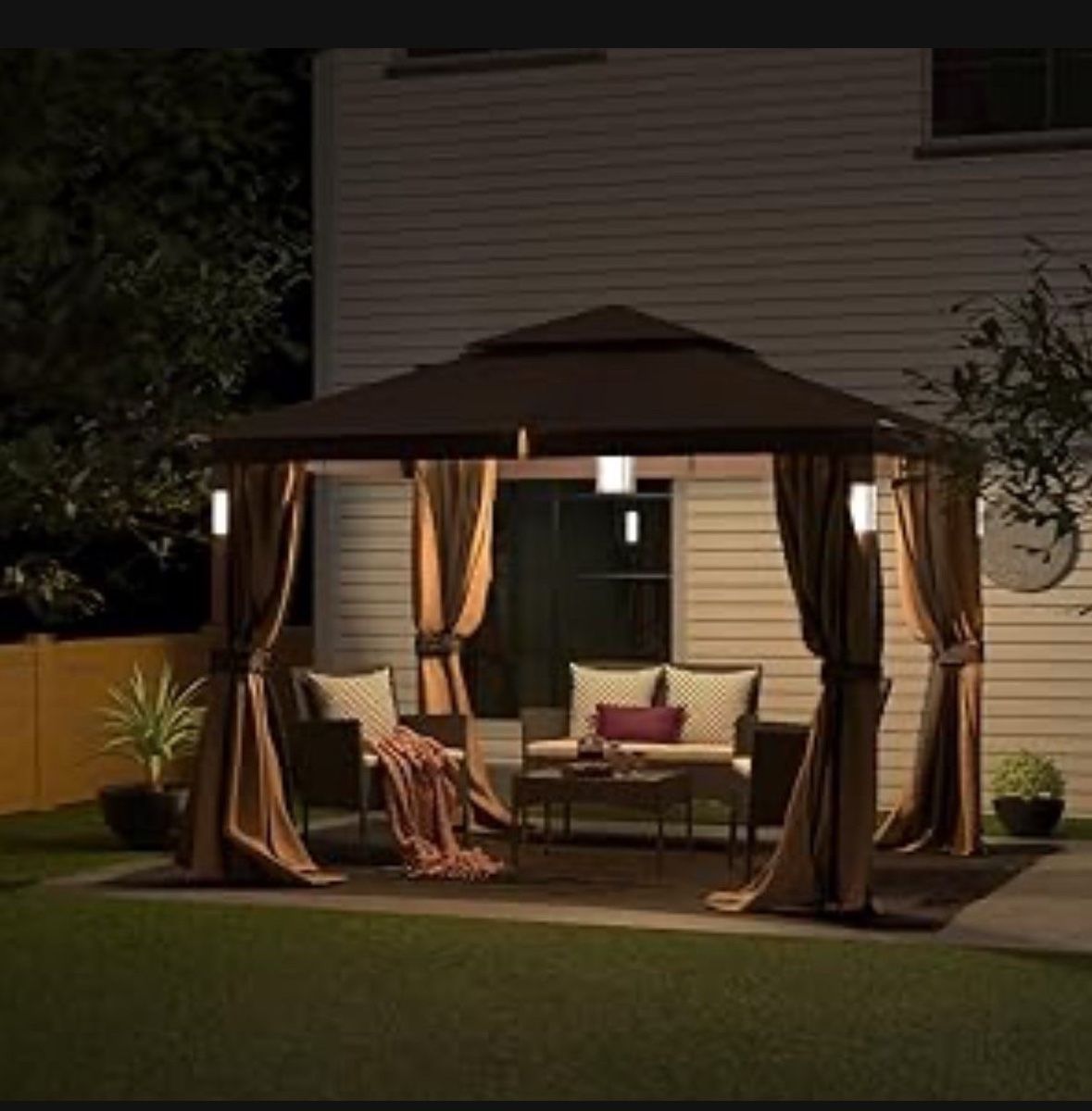 10x12 Gazebo Heavy Duty Soft Top with LED Light & Bluetooth Speaker Canopy Tent 2- Tier Curtain Double Roof