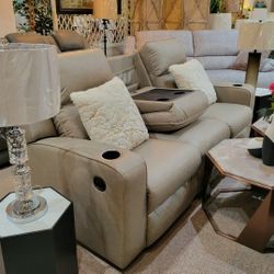 Faux Leather Dual Reclining Power Sofa in Tan Color