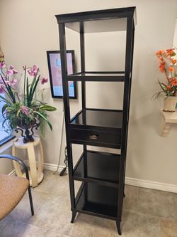 Tall Black Etagere Bookcase with Drawer