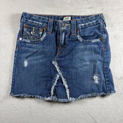 Y2K True Religion Denim Skirt Girls 10 Blue Mini Distressed Contrast Stitch