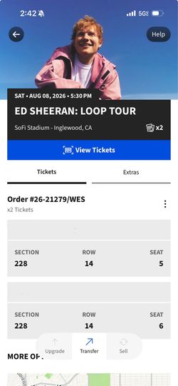 SoFi Stadium •2 Tickets•  ED SHEERAN: LOOP TOUR • Sat • Aug 8 • 5:30 PM