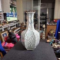 Chinese Style Porcelain Vase Tianqiuping W/Chinoiserie Or Famille Rose Pattern-Scrolling Florals & Geometric Motifs 16"H x 8"W