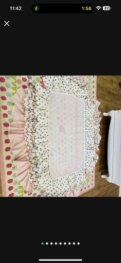 Pink Grey Polka Dot/ Chevron 3 Tier Ruffled Crib Skirt And Baby Blanket