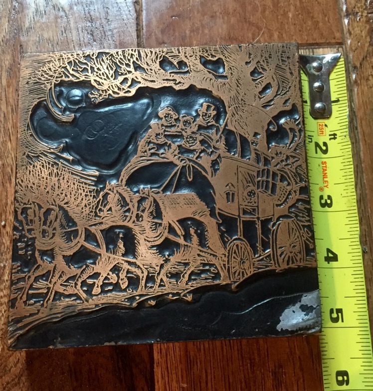 Rare Antique Copper Printing Block On Wood Carriage Winter Christmas 