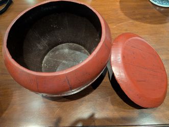 Antique Chinese Wooden Rice Container with a red lacquered finish