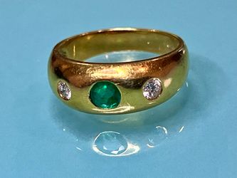 💚 18KT Yellow Gold Natural 0.70ct Diamond & Emerald (3) Stone Ladies Ring, Sizeable 6 1/4 💎