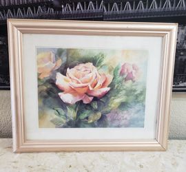 Beautiful Framed Watercolor Painting Print Of Soft Pink/Peach Roses & Green Leaves Signed By Janis Bula (23×19.5)