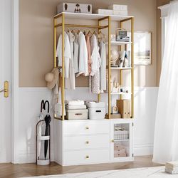 Wardrobe Closet, 81.2”H Freestanding Closet Organizer with 3 Drawers and Storage Shelves, Garment Rack with Hanging Rod for Bedroom, Living Room, Whit