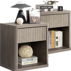 Set of 2 Nightstands with Drawer Storage Fluted Bed Side Table End Table Large Modern Wide Bedside Stand Mid Century Night Stands for Bedroom Living R