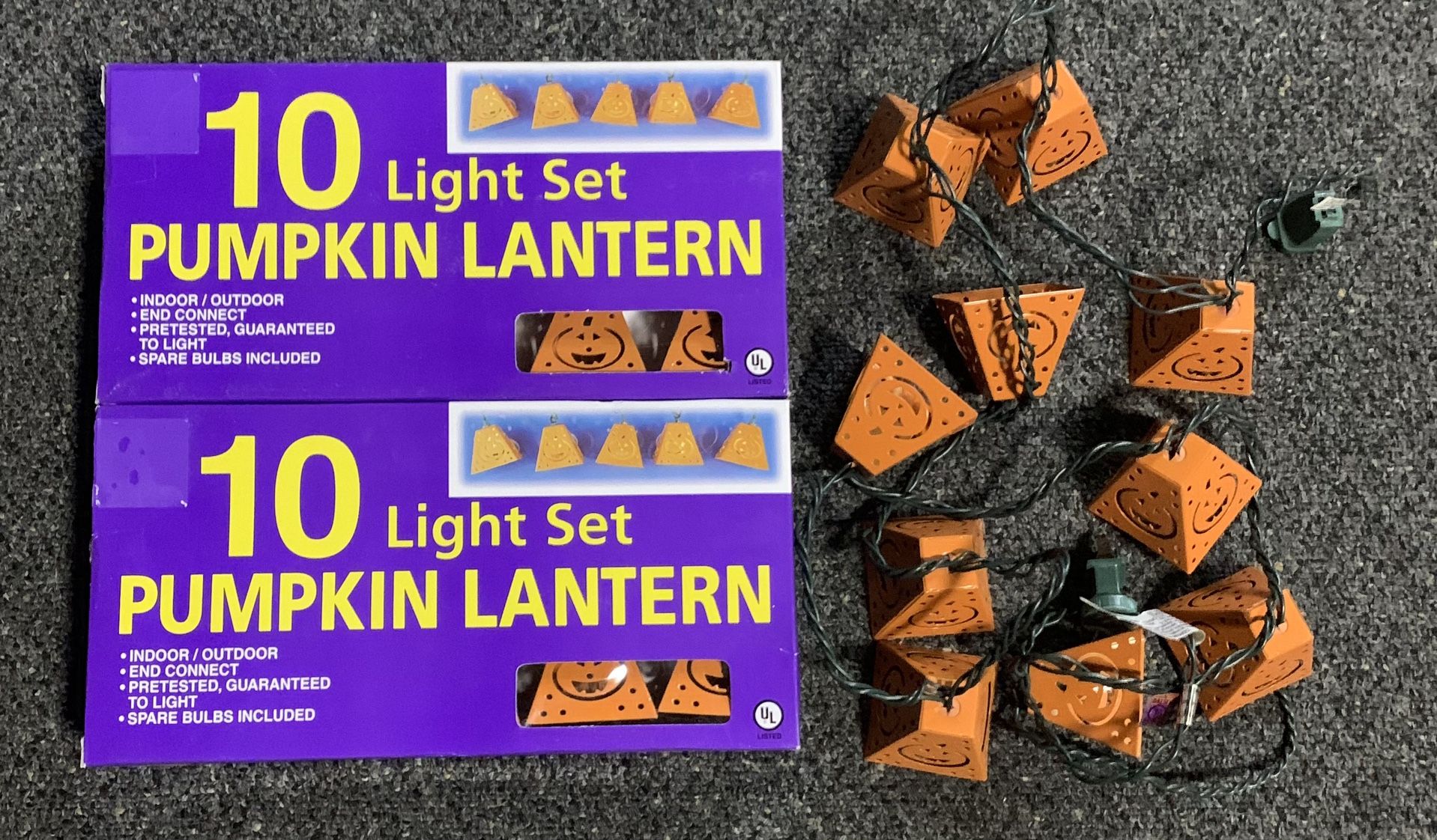 3 sets of Halloween metal Pumpkin lantern string light sets - 2 new boxes of 10 each and one set of 10 with no box - total of 30