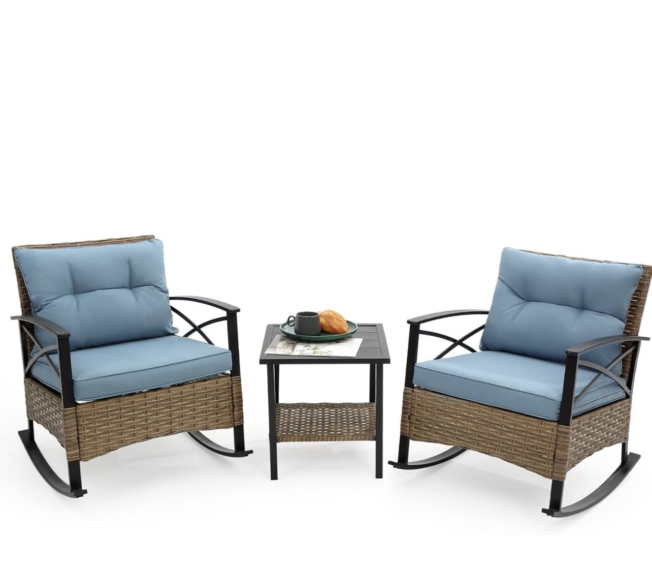 1591c Outdoor Rocking Chairs Set of 2, 3 Piece Patio Furniture with Thick Cushion, Bistro Table and Chair for Porch Backyard Outside, Blue