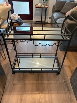 Black Metal & Mirrored Rolling Bar Cart with Wine Rack