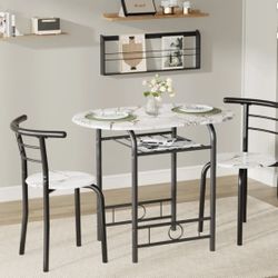 Vineego 3 Pieces Dining Set for 2 Small Kitchen Breakfast Table Set Space Saving Wooden Chairs and Table Set,Dark White