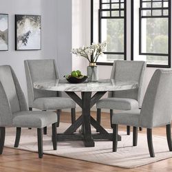 54” Round Marble Dining Table + 4 Grey Dining Chairs
