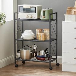 3-Tier Metal Storage Rack with Wheels, Mesh Shelving Unit with X Side Frames, 23.6-Inch Width, for Entryway, Kitchen, Living Room, Bathroom, Industria