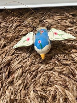 Vintage Hand-Painted Wooden Bird Ornament - Folk Art Style