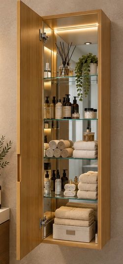 Wall Mounted Linen Tower Cabinet – Mirrored Interior – 14” x 8” x 63”