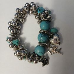 Faux Torquoise and Silver Beaded Charm Bracelet 