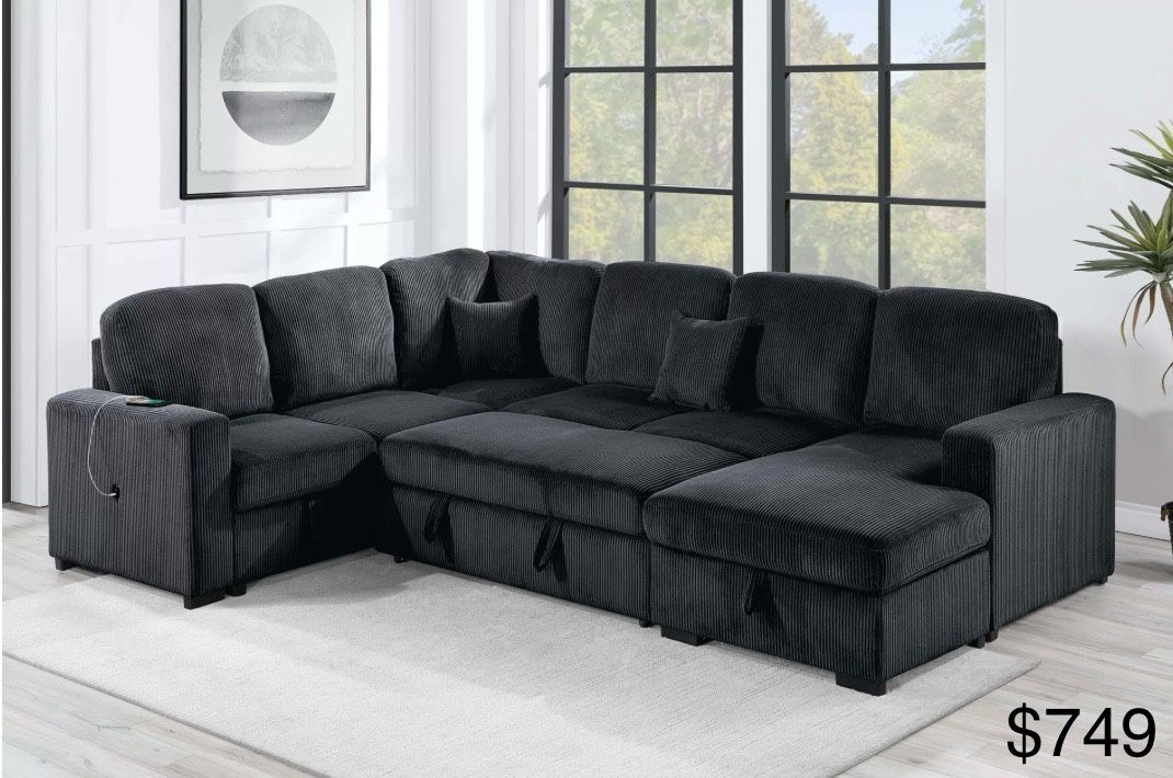 Black Corduroy Sectional Sleeper Sofa Pullout Bed With Storage