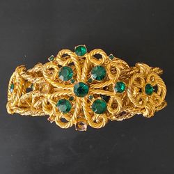 VTG Gold Tone Rope Filigree Medallion Chain Belt Emerald Green Rhinestones