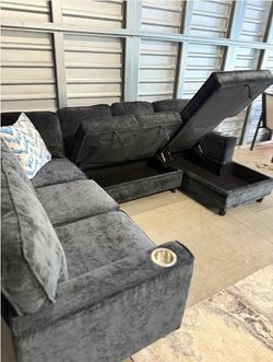 🔥 Brand New Oversized Dark Grey U-Shape Sectional Sofa Couch W/ Pull-Out Sleeper Bed | Storage | Cup Holders | USB Charging Ports