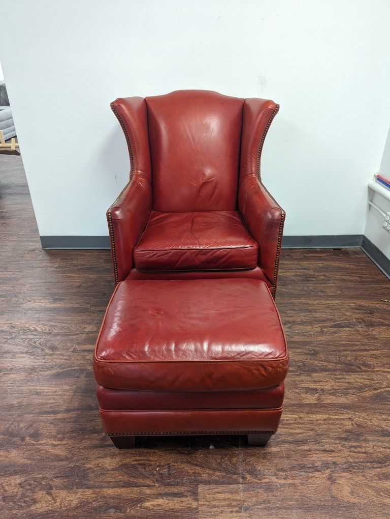 Modern Red Genuine Leather Arm Chair with Ottoman