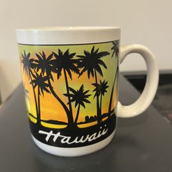 Vintage Hilo Hattie, Hawaii Sunset Behind Palm Trees, Coffee Mug/Cup