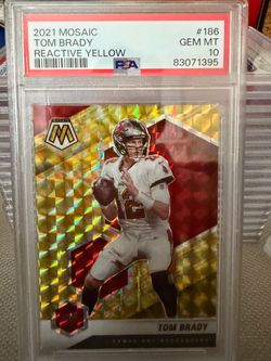 2021 Panini Mosaic Tom Brady #186 Reactive Yellow Mosaic Prizm card in a Gem Mint PSA 10