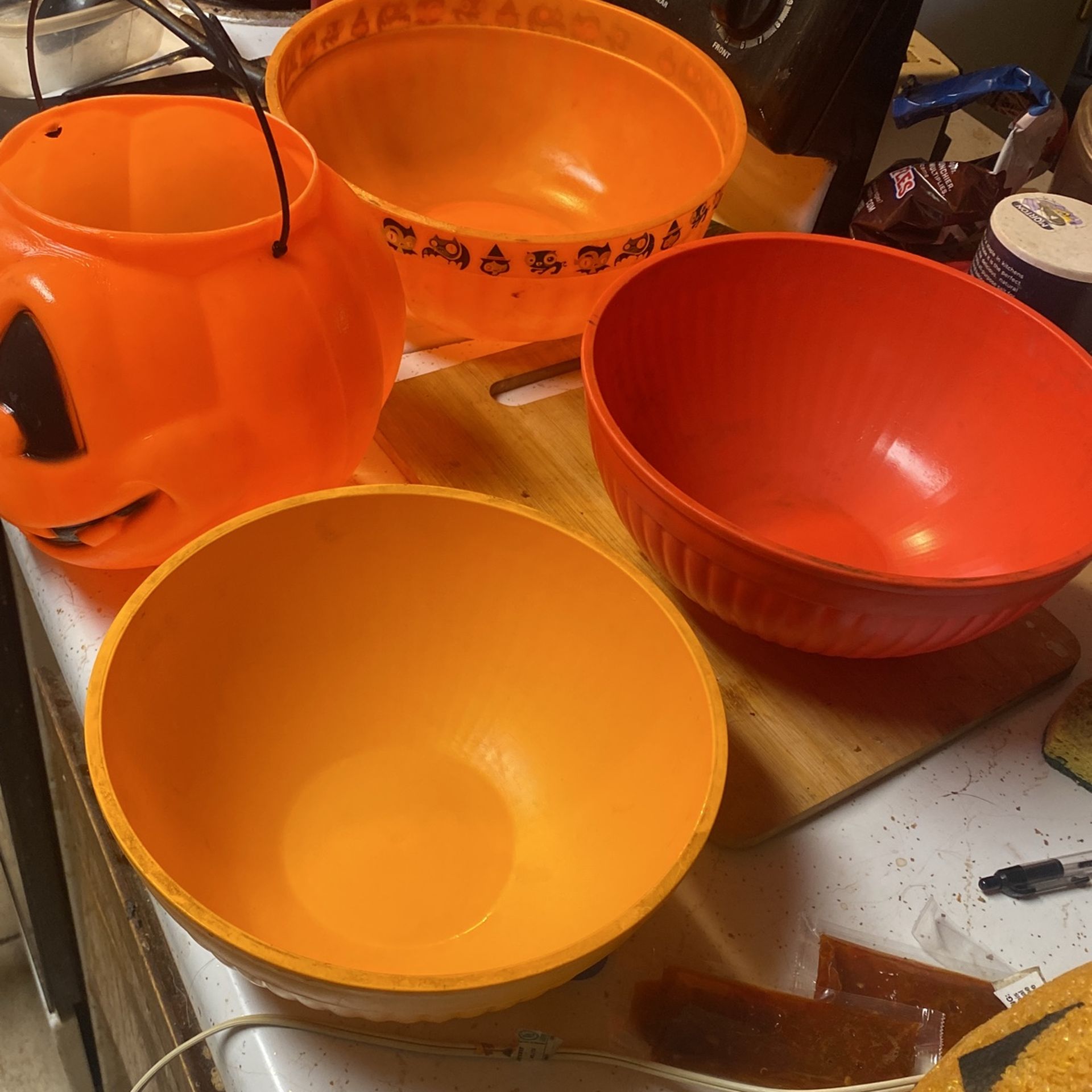 Halloween Candy Bowls And Pumpkin.