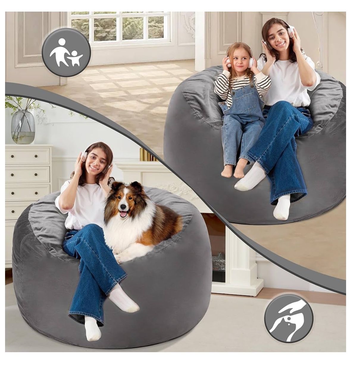 Homguava 3FT Bean Bag Chair: 3' Bean Bags with Memory Foam Filled, Large Beanbag Chairs Soft Sofa with Dutch Velet Cover-Grey