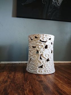 White Ceramic Garden Stool with Cutout Design