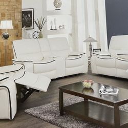 White Leather Fully Reclining Three Piece Couch Set