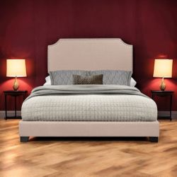 New King Size Beige Upholstered Bed