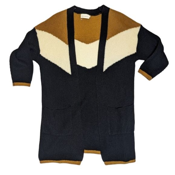 Dreamers Chevron Knit Black Beige and Tan Long Cardigan Open Front