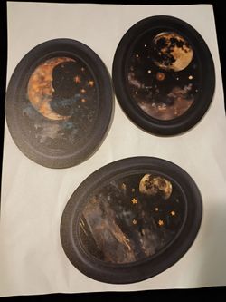 Set of 3 Celestial Moon and Stars Decorative wooden pieces