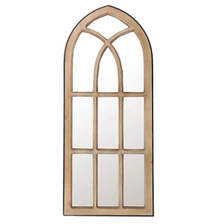<NEW - LuxenHome Natural Wood Finish Accent Arched Cathedral Window Wall Mirror
