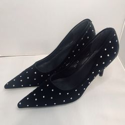 Black Velvet Rhinestone Pointed Stiletto Single Shoes size 39 (8.5)